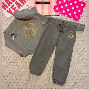 VS PINK VINTAGE Y2K SET HOODIE & SWEATPANTS GRAY GOLD BLING PEACE SIGN DOG PUP